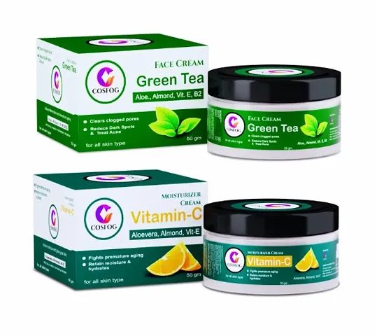 COSFOG Green Tea Face cream with Almond Aloe-vera, vitamin E, B2 for Acne, Hiperpigmentation, Darkspots 50ml  Vitamin C cream for moisturizing 50ml