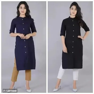 Stylish Cotton Black And Navy Blue Solid 3/4 Sleeve Mandarin Collar Kurta For Women- Pack Of 2