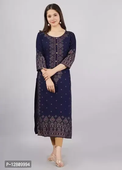 Stylish Rayon Navy Blue Printed 3/4 Sleeve Round Neck Kurta For Women-thumb0