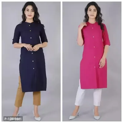 Stylish Cotton Navy Blue And Pink Solid 3/4 Sleeve Mandarin Collar Kurta For Women- Pack Of 2