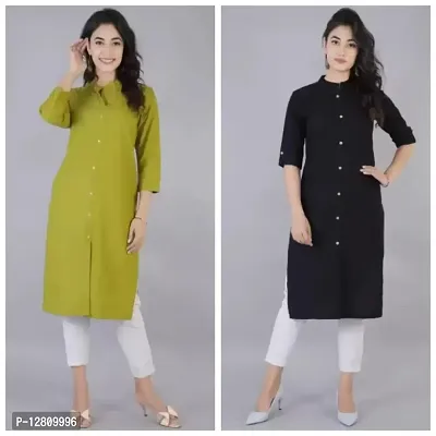 Stylish Cotton Green And Black Solid 3/4 Sleeve Mandarin Collar Kurta For Women- Pack Of 2