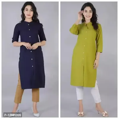 Stylish Cotton Green And Navy Blue Solid 3/4 Sleeve Mandarin Collar Kurta For Women- Pack Of 2-thumb0