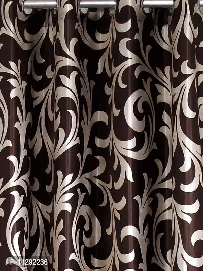 POLARTAINS Premium Eyelet Fancy Floral Printed Polyester Curtains Set of 2 for Door Brown (8 Feet)-thumb2