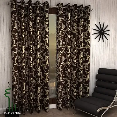 POLARTAINS Premium Eyelet Fancy Floral Printed Polyester Curtains Set of 2 for Long Door Brown (9 Feet)