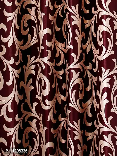 POLARTAINS Premium Eyelet Fancy Floral Printed Polyester Curtains Set of 2 for Door Maroon (7 Feet)-thumb3