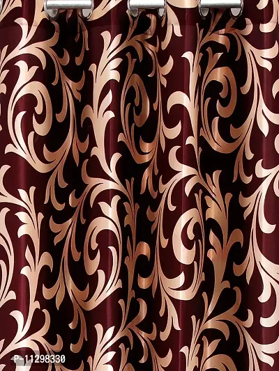 POLARTAINS Premium Eyelet Fancy Floral Printed Polyester Curtains Set of 2 for Door Maroon (7 Feet)-thumb2