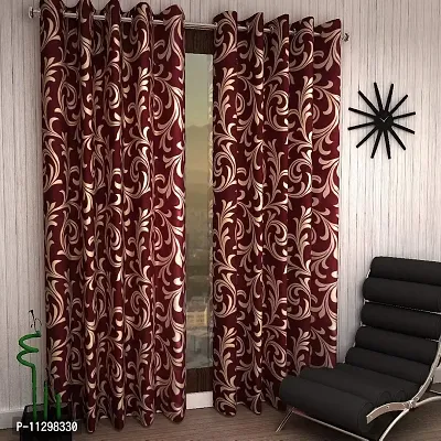 POLARTAINS Premium Eyelet Fancy Floral Printed Polyester Curtains Set of 2 for Door Maroon (7 Feet)