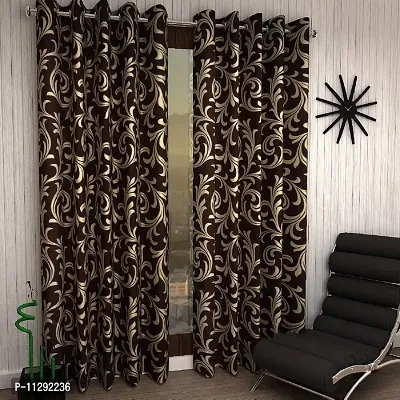 POLARTAINS Premium Eyelet Fancy Floral Printed Polyester Curtains Set of 2 for Door Brown (8 Feet)-thumb0