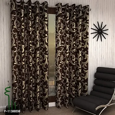 POLARTAINS Premium Eyelet Fancy Floral Printed Polyester Curtains Set of 2 for Window Brown (5 Feet)-thumb0