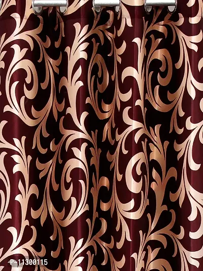 POLARTAINS Premium Eyelet Fancy Floral Printed Polyester Curtains Set of 2 for Door Maroon (8 Feet)-thumb2