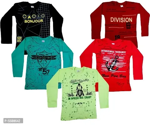 Stylish Cotton Printed Full Sleeves Round Neck Tees For Boys- 5 Pieces