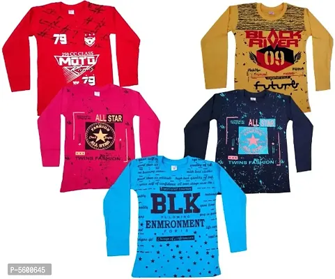 Stylish Cotton Printed Full Sleeves Round Neck Tees For Boys- 5 Pieces