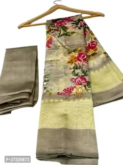 Elegant Beige Cotton Blend Saree with Blouse piece For Women