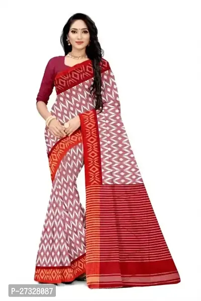 Elegant Red Cotton Blend Saree with Blouse piece For Women