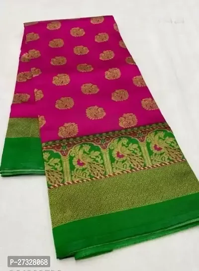 Elegant Pink Cotton Blend Saree with Blouse piece For Women-thumb0