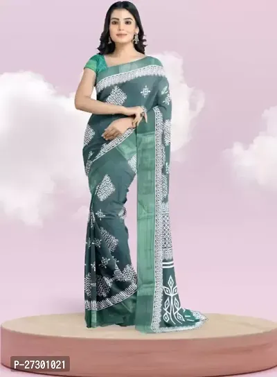 Elegant Teal Cotton Blend Saree with Blouse piece For Women-thumb0
