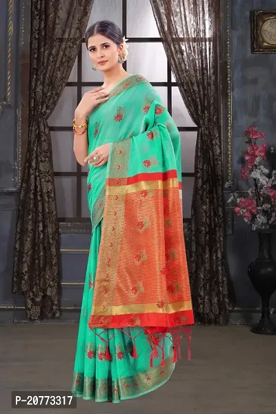 Classy Chanderi Cotton Green Saree with Blouse piece For Women-thumb2