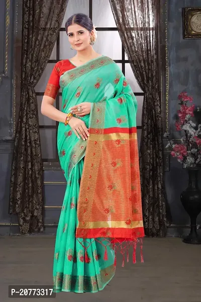 Classy Chanderi Cotton Green Saree with Blouse piece For Women