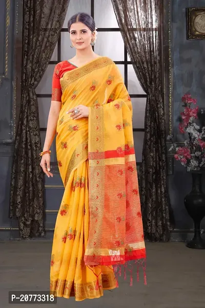 Classy Chanderi Cotton Yellow Saree with Blouse piece For Women-thumb0