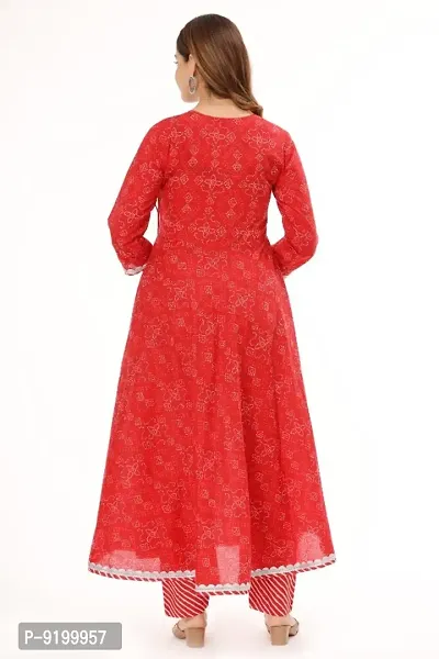 Cambric Cotton Bandhej Printed Anarkali Kurta with Pant (Red)-thumb2