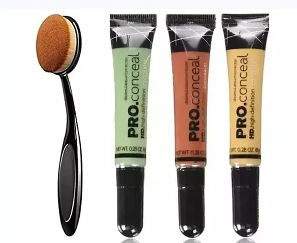 Waterproof Concealer Matte Full Coverage pro Concealer Oil Free   Lightweight. highly pigmented Creamy (Pack of 3  8gm) WITH Oval Foundation Brush