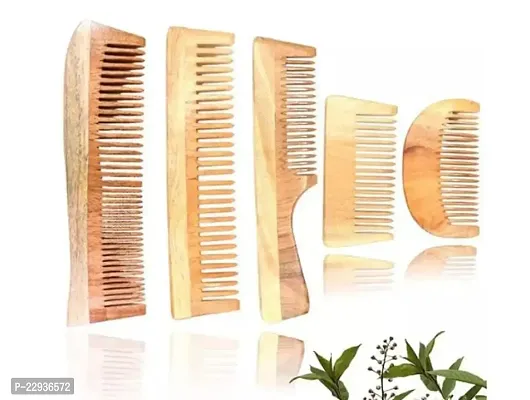 Premium Quality 5-Piece Neem Wood Comb Set - Various Designs For Different Hair Types - Natural, Sustainable, And Gentle On Scalp-thumb0