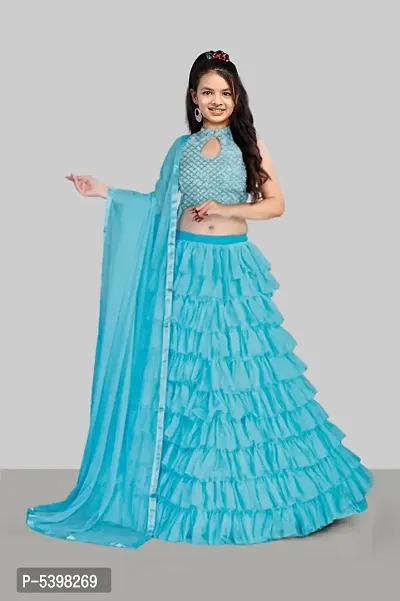 Stylish Net Turquoise Lehenga Choli With Dupatta Set For Girls