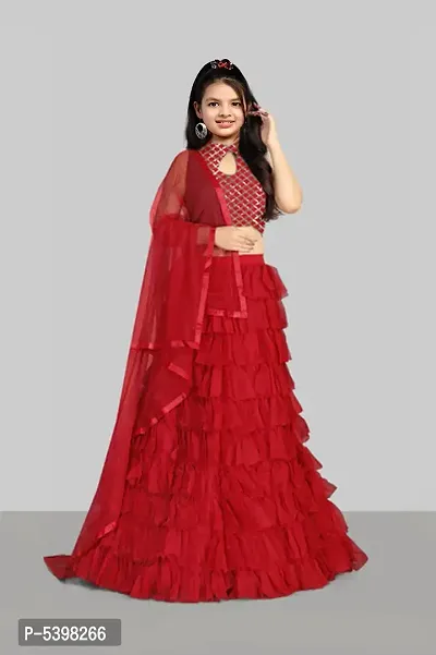 Stylish Net Red Lehenga Choli With Dupatta Set For Girls