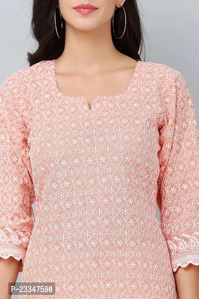 HER CLOTHING Cotton Chikankari Short Kurti | Embroidery Work | 3/4 Sleeve | Round V-Cut Neck (Orange)-thumb5