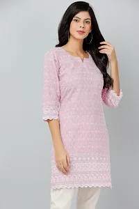 HER CLOTHING Cotton Chikankari Short Kurti | Embroidery Work | 3/4 Sleeve | Round V-Cut Neck (Pink)-thumb2