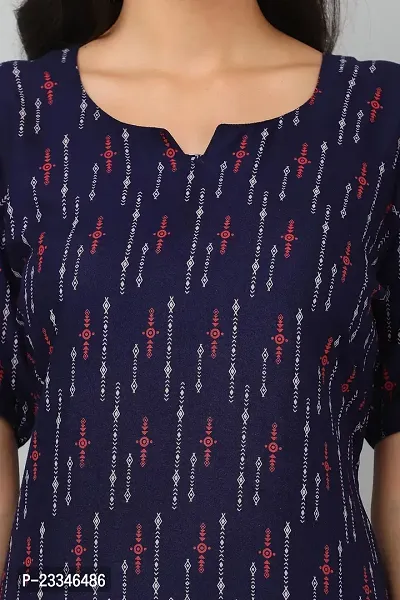 HER CLOTHING Rayon Printed Kurti | Elbow Sleeve | Round V-Cut Neck (Navy Blue)-thumb3