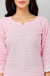 HER CLOTHING Cotton Chikankari Short Kurti | Embroidery Work | 3/4 Sleeve | Round V-Cut Neck (Pink)-thumb4