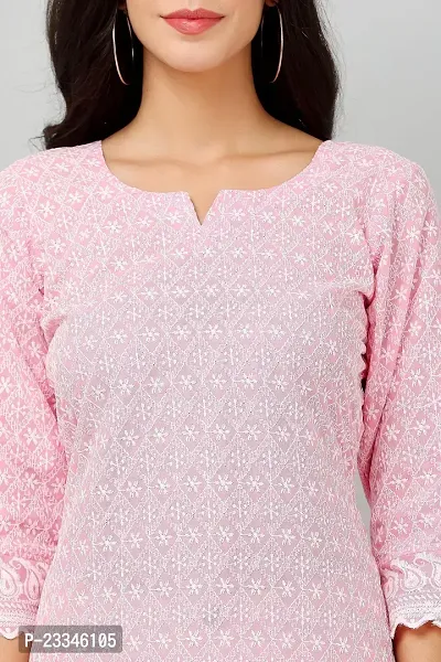 HER CLOTHING Cotton Chikankari Short Kurti | Embroidery Work | 3/4 Sleeve | Round V-Cut Neck (Pink)-thumb5