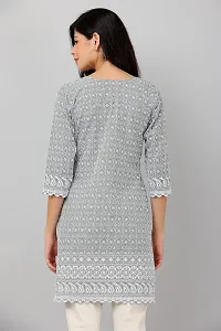 HER CLOTHING Cotton Chikankari Short Kurti | Embroidery Work | 3/4 Sleeve | Round V-Cut Neck (Grey)-thumb3