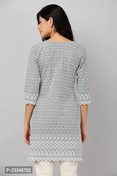 HER CLOTHING Cotton Chikankari Short Kurti | Embroidery Work | 3/4 Sleeve | Round V-Cut Neck (Grey)-thumb4
