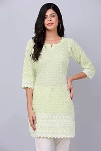 HER CLOTHING Cotton Chikankari Short Kurti | Embroidery Work | 3/4 Sleeve | Round V-Cut Neck (Light Green)-thumb1