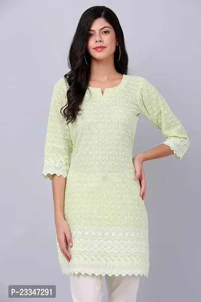 HER CLOTHING Cotton Chikankari Short Kurti | Embroidery Work | 3/4 Sleeve | Round V-Cut Neck (Light Green)-thumb2