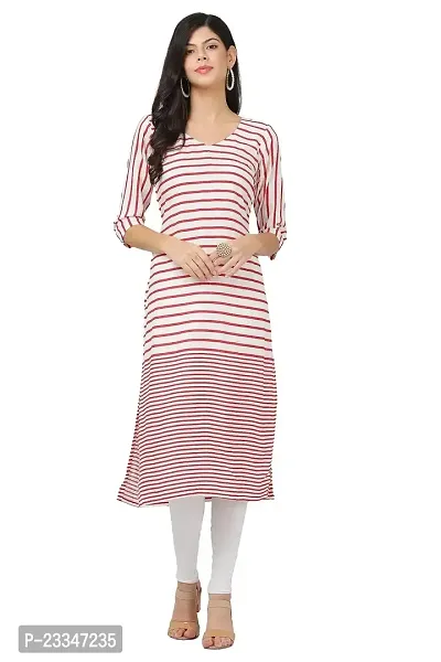 HER CLOTHING Rayon Striped Kurti | V-Neck | 3/4 Sleeve | White and Red Stripes