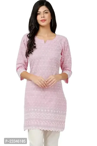 HER CLOTHING Cotton Chikankari Short Kurti | Embroidery Work | 3/4 Sleeve | Round V-Cut Neck (Pink)