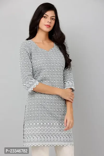 HER CLOTHING Cotton Chikankari Short Kurti | Embroidery Work | 3/4 Sleeve | Round V-Cut Neck (Grey)-thumb3