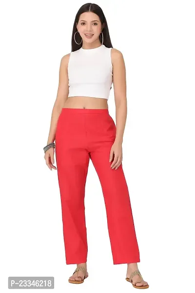 Her Clothing Solid Cotton Pant for Women/Girls | Pants with Pocket | Comfortable (Red)-thumb0