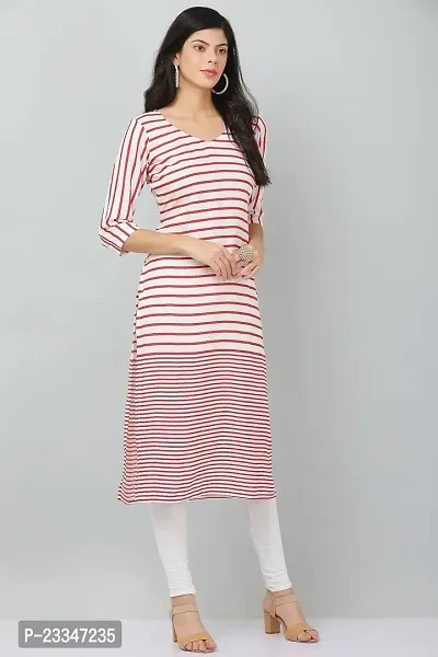 HER CLOTHING Rayon Striped Kurti | V-Neck | 3/4 Sleeve | White and Red Stripes-thumb5