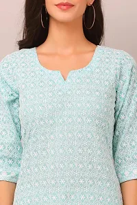 HER CLOTHING Cotton Chikankari Short Kurti | Embroidery Work | 3/4 Sleeve | Round V-Cut Neck (Light Blue)-thumb4