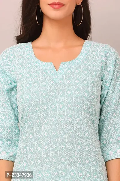 HER CLOTHING Cotton Chikankari Short Kurti | Embroidery Work | 3/4 Sleeve | Round V-Cut Neck (Light Blue)-thumb5