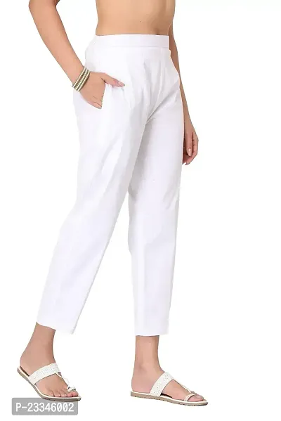 Her Clothing Solid Cotton Lycra Pant for Women/Girls | Pants with Pocket | Comfortable (White)-thumb0