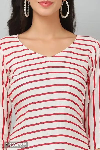 HER CLOTHING Rayon Striped Kurti | V-Neck | 3/4 Sleeve | White and Red Stripes-thumb4