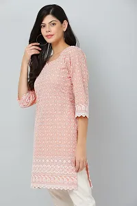 HER CLOTHING Cotton Chikankari Short Kurti | Embroidery Work | 3/4 Sleeve | Round V-Cut Neck (Orange)-thumb2