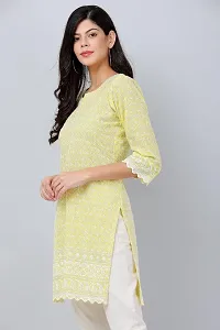 HER CLOTHING Cotton Chikankari Short Kurti | Embroidery Work | 3/4 Sleeve | Round V-Cut Neck (Yellow)-thumb1