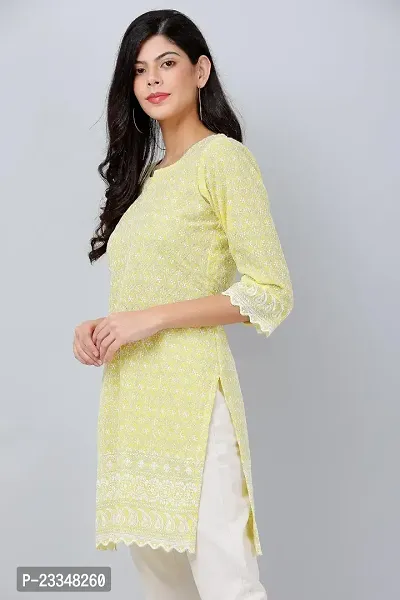 HER CLOTHING Cotton Chikankari Short Kurti | Embroidery Work | 3/4 Sleeve | Round V-Cut Neck (Yellow)-thumb2