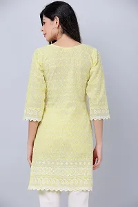 HER CLOTHING Cotton Chikankari Short Kurti | Embroidery Work | 3/4 Sleeve | Round V-Cut Neck (Yellow)-thumb2